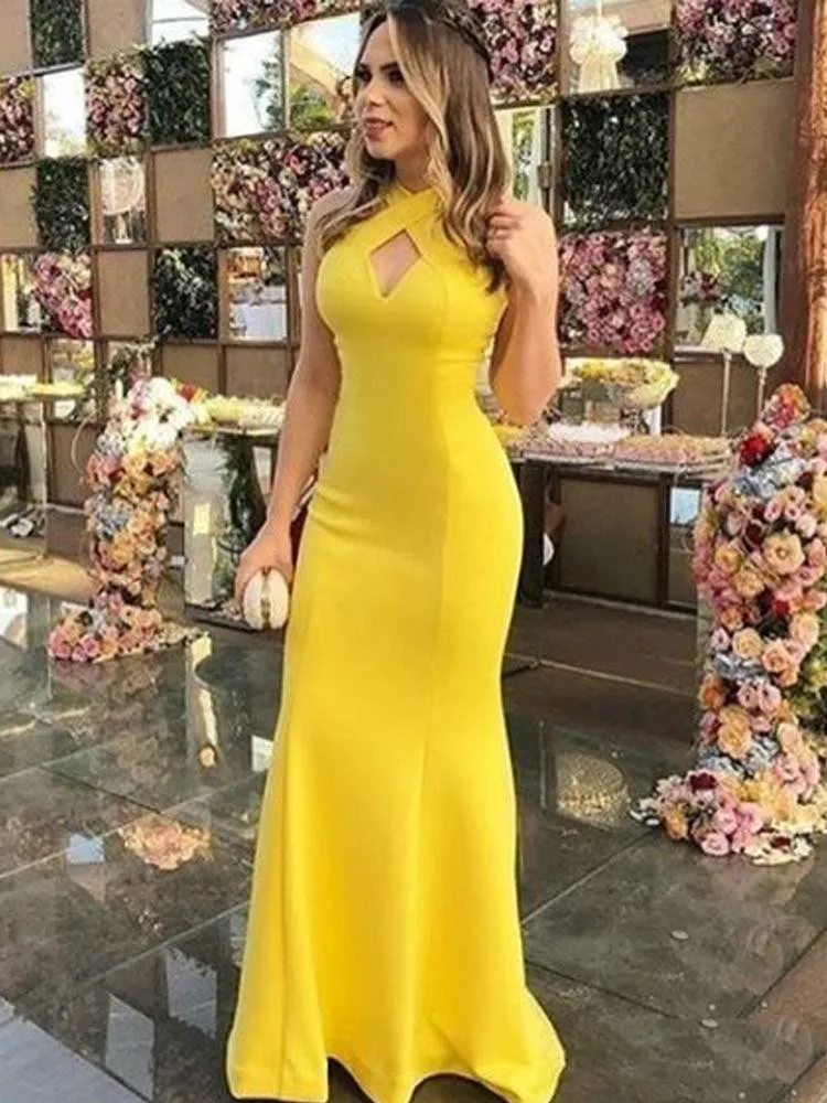 

Yellow Evening Dresses For Women Halter Elastic Satin Prom Dress New Style Sleeveless Backless